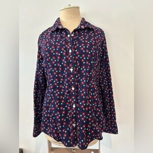 Cabelas Shirt Womens Med. Blue Corduroy look Pearl Snap, Star Flower Long Sleeve